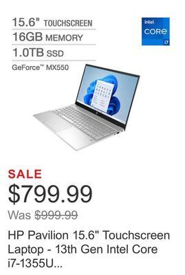 Costco Hp pavilion 15.6 touchscreen laptop - 13th gen intel core i7-1355u - geforce mx550 - 1080p - windows 11 professional offer