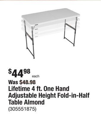 The Home Depot Lifetime 4 ft. one hand adjustable height fold-in-half table almond offer