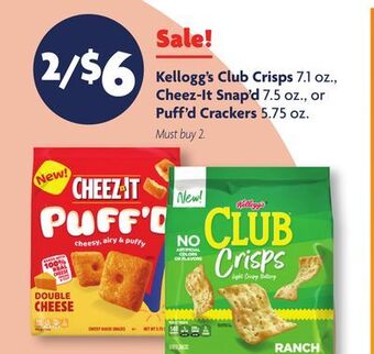 Family Dollar Kellogg's club crisps 7.1 oz., cheez-it snap'd 7.5 oz., or puff'd crackers 5.75 oz offer