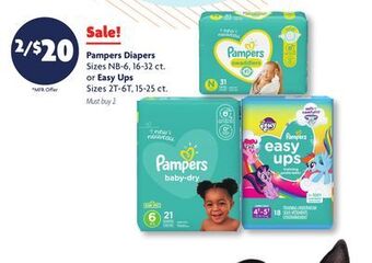 Family Dollar Pampers diapers sizes nb-6, 16-32 ct. or easy ups sizes 2t-6t, 15-25 ct offer