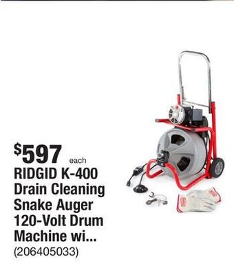 The Home Depot Ridgid k-400 drain cleaning snake auger 120-volt drum machine with c-32iw 3/8 in. x 75 ft. cable + 4-piece tool set & gloves offer