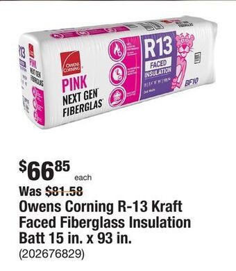 The Home Depot Owens corning r-13 kraft faced fiberglass insulation batt 15 in. x 93 in offer