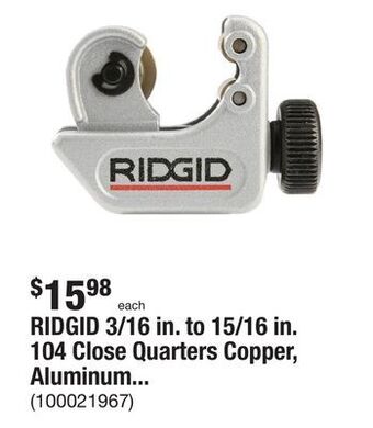 The Home Depot Ridgid 3/16 in. to 15/16 in. 104 close quarters copper, aluminum, brass, and plastic tubing cutter, multi-use tubing tool offer