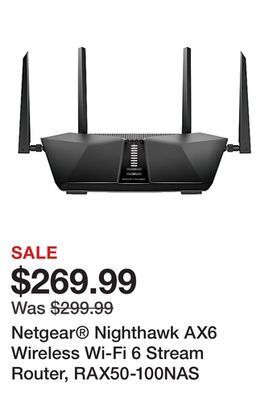 Office Depot Netgear nighthawk ax6 wireless wi-fi 6 stream router, rax50-100nas offer