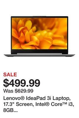 Office Depot Lenovo ideapad 3i laptop, 17.3 screen, intel core i3, 8gb memory, 256gb solid state drive, wi-fi 6, windows 11, 82rl0007us offer