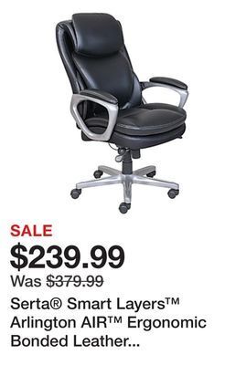 Office Depot Serta smart layers arlington air ergonomic bonded leather high-back executive chair, black/silver offer