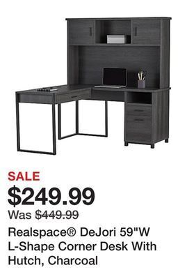 Office Depot Realspace dejori 59w l-shape corner desk with hutch, charcoal offer