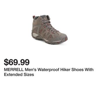 Marshalls Merrell men's waterproof hiker shoes with extended sizes offer