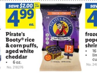 Lidl Pirate's booty rice & corn puffs, aged white cheddar offer