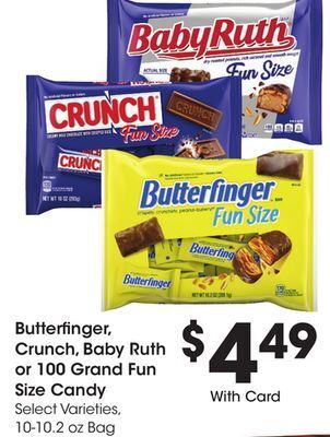Ralphs Butterfinger, crunch, baby ruth or 100 grand fun size candy offer