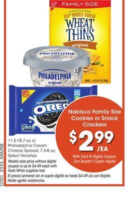 Ralphs Nabisco family size cookies or snack crackers offer