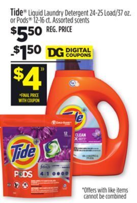 Dollar General Tide liquid laundry detergent or pods offer