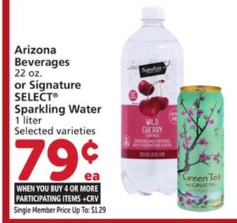 Vons Arizona beverages 22 oz. or signature select sparkling water 1 liter offer