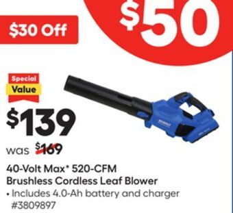 Lowe's 40-volt max v 520-cfm brushless cordless leaf blower offer