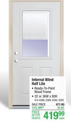 Menards Mastercraft internal blind 32w x 80h primed steel half lite exterior door system - right inswing offer