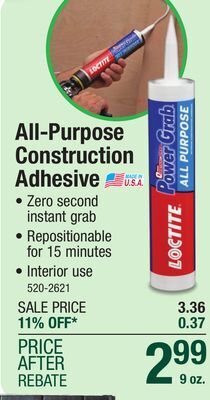 Menards Loctite power grab all purpose construction adhesive - 9 oz offer