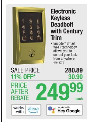 Menards Schlage encode smart wi-fi deadbolt with century trim in satin brass offer