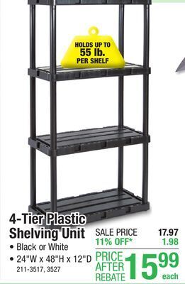 Menards Maxit knect-a-shelf 24w x 48h x 12d 4-tier white plastic freestanding shelving unit offer