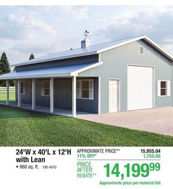 Menards 24'w x 40'l x 12'h agricultural post frame building with 6' open lean material list offer