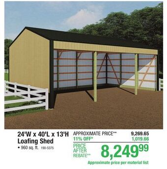 Menards 24'w x 40'l x 13'h loafing shed post frame building material list offer