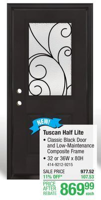 Menards Mastercraft tuscan 32w x 80h classic black fiberglass half lite composite frame exterior door system - right inswing offer