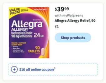 Walgreens Allegra allergy relief, 90 ct offer