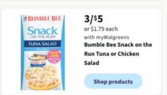 Walgreens Bumble bee snack on the run tuna or chicken salad offer