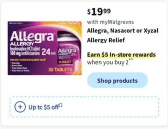 Walgreens Allegra, nasacort or xyzal allergy relief offer