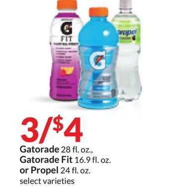 Hy-Vee Gatorade 28 fl. oz., gatorade fit 16.9 fl. oz. or propel 24 fl. oz offer