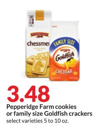Hy-Vee Pepperidge farm cookies or family size goldfish crackers offer