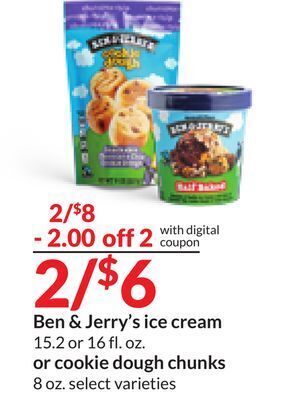 Hy-Vee Ben & jerry's ice cream 15.2 or 16 fl. oz. or cookie dough chunks 8 oz offer
