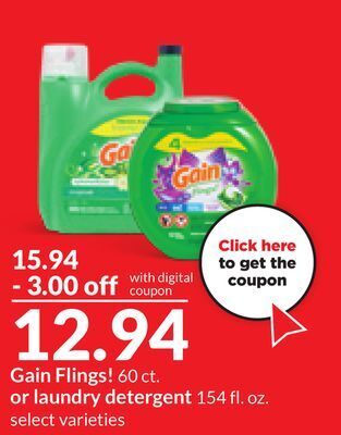Hy-Vee Gain flings! 60 ct. or laundry detergent 154 fl. oz offer