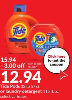 Hy-Vee Tide pods 32 to 57 ct. or laundry detergent 115 fl. oz offer