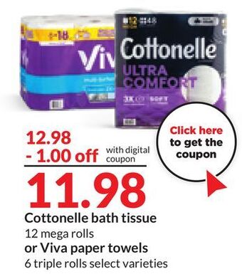 Hy-Vee Cottonelle bath tissue 12 mega rolls or viva paper towels 6 triple rolls offer