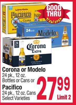 Jewel-Osco Corona or modelo 24 pk., 12 oz. bottles or cans or pacifico 24 pk., 12 oz. cans offer