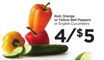 Food 4 Less Red, orange or yellow bell peppers or english cucumbers offer