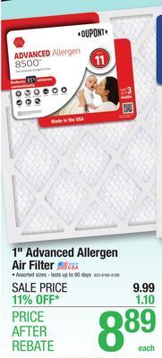 Menards Dupont advanced 16 x 20 x 1 merv 11 pleated air filter offer