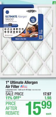 Menards Dupont ultimate 16 x 20 x 1 merv 13 pleated air filter offer