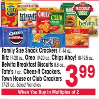 Jewel-Osco Family size snack crackers 11-14 oz., ritz 17-20 oz., oreo 19-20 oz., chips ahoy! 18-19.5 oz., belvita breakfast biscuits 8.8 offer
