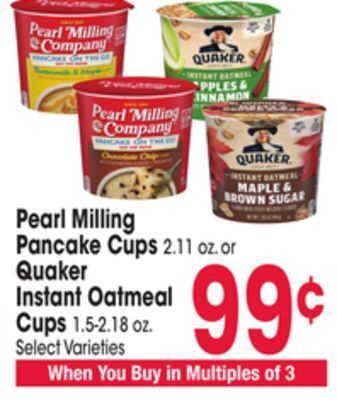 Jewel-Osco Pearl milling pancake cups 2.11 oz. or quaker instant oatmeal cups 1.5-2.18 oz offer