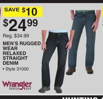 Dunham's Sports Wrangler men's rugged wear relaxed straight denim offer