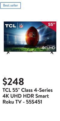 Walmart Tcl 55 class 4-series 4k uhd hdr smart roku tv - 55s451 offer