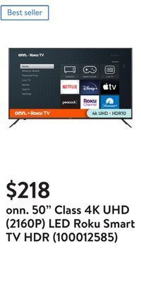 Walmart Onn. 50 class 4k uhd (2160p) led roku smart tv hdr (100012585) offer