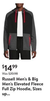 Walmart Russell men's & big men's elevated fleece full zip hoodie, sizes up to 3xl offer