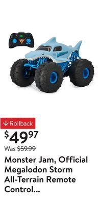 Walmart Monster jam, official megalodon storm all-terrain remote control monster truck toy vehicle, 1:15 scale offer