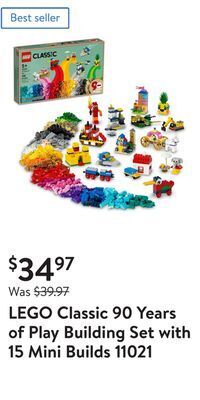 Walmart Lego classic 90 years of play building set with 15 mini builds 11021 offer