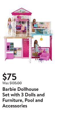 Walmart Barbie dollhouse set with 3 dolls and furniture, pool and accessories offer