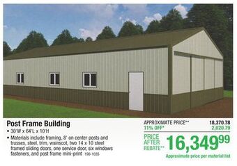 Menards 30'w x 64'l x 10'h agricultural post frame building material list offer