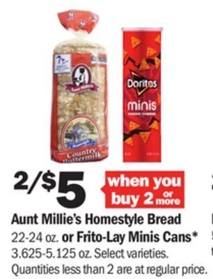 Meijer Aunt millie's homestyle bread 22-24 oz. or frito-lay minis cans* 3.625-5.125 oz offer