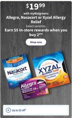 Walgreens Allegra, nasacort or xyzal allergy relief offer